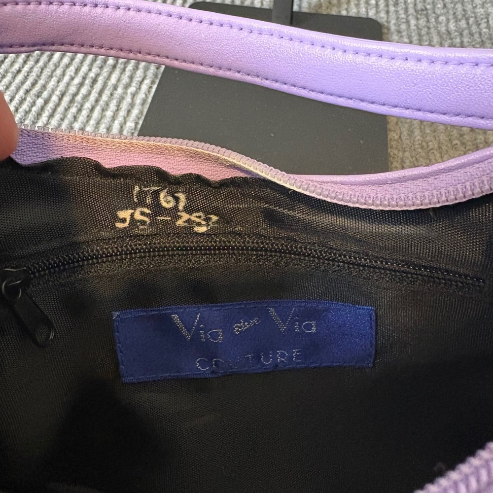 Via Via Couture Hand Painted Floral Leather Baguette Shoulder Bag Purple Y2K - Picture 3 of 6